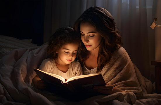A MOTHER TELLING HER KID STORIES AT BEDTIME